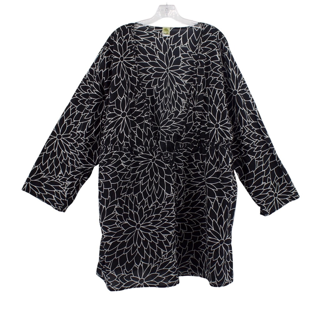 Islander Tunic Women 3X Black Cotton Cover Up Kimono Resortwear Nautical Coastal